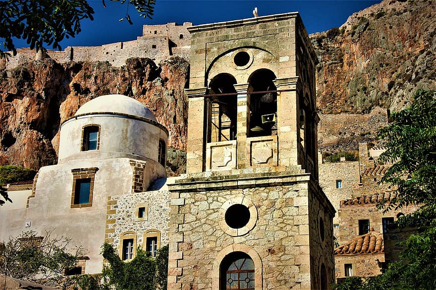 Igreja, pedras, parede, velho, retrô, arquitetura, Mediterrâneo, Grécia