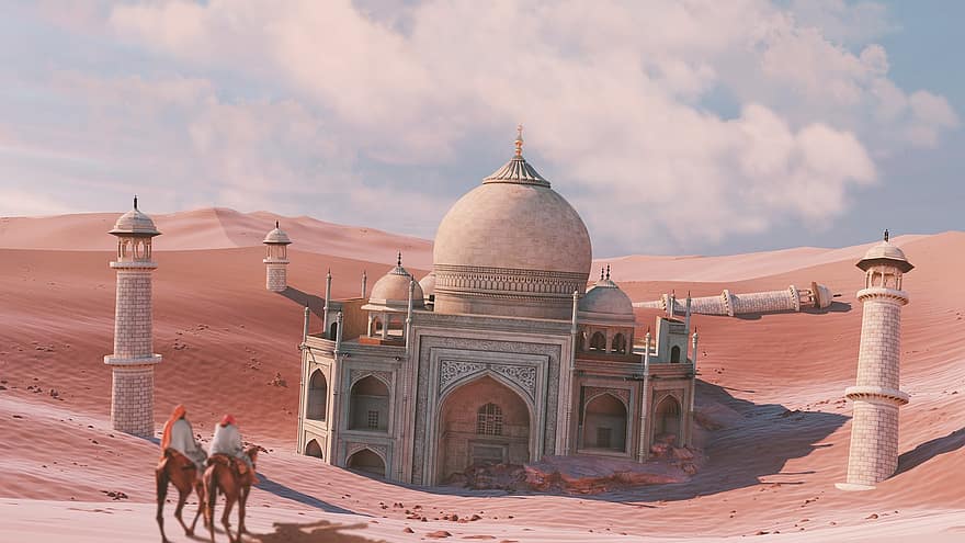 Taj Mahal, kameel, woestijn, reizen, gebouw, architectuur, historisch, zand, Sahara, Indië, 3d