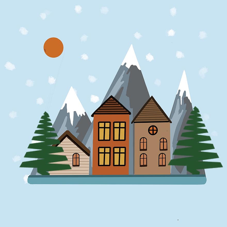 evler, dağlar, kar, kış, soğuk, kar yağışı, binalar, ağaçlar, dağ silsilesi