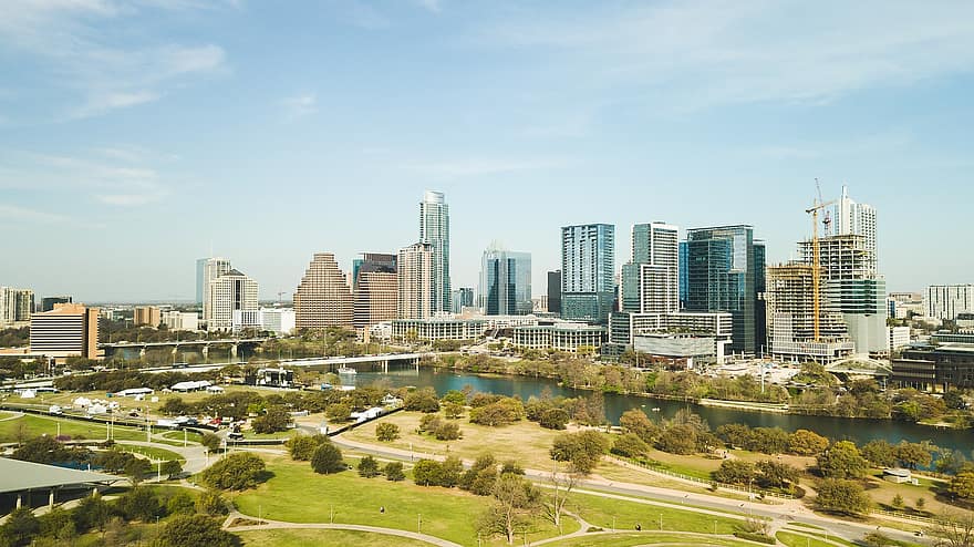 gebouwen, meer, stad, horizon, wolkenkrabbers, downtown, stedelijk, stadsgezicht, Austin, Texas, Verenigde Staten van Amerika