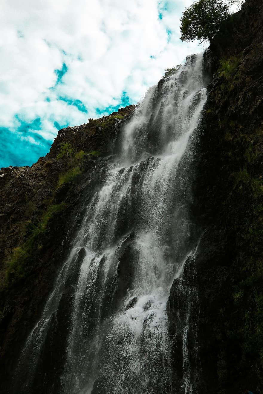 Waterfall, Falls, Sky, Clouds, Water, Tree, Earth, Pakistan, Peaceful, Relaxation, Relax