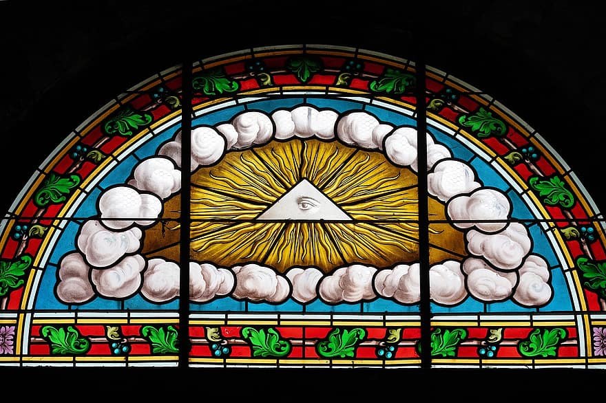 ablak, szem, Isten, felhők, menny, vallás, templom ablak, Árgus, kereszténység, ólomüveg, építészet