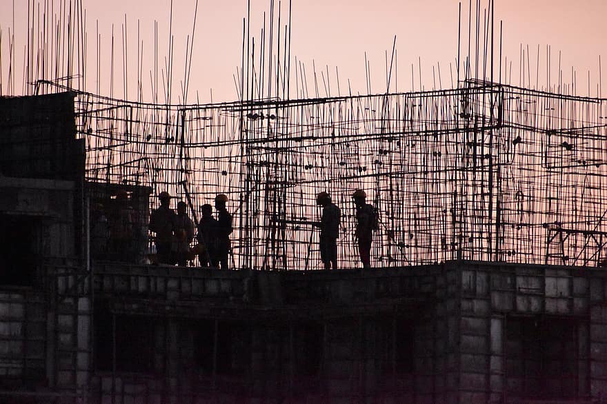 construcción, trabajadores, puesta de sol, silueta, edificio, construir, trabajo, hombres, oscuridad, noche
