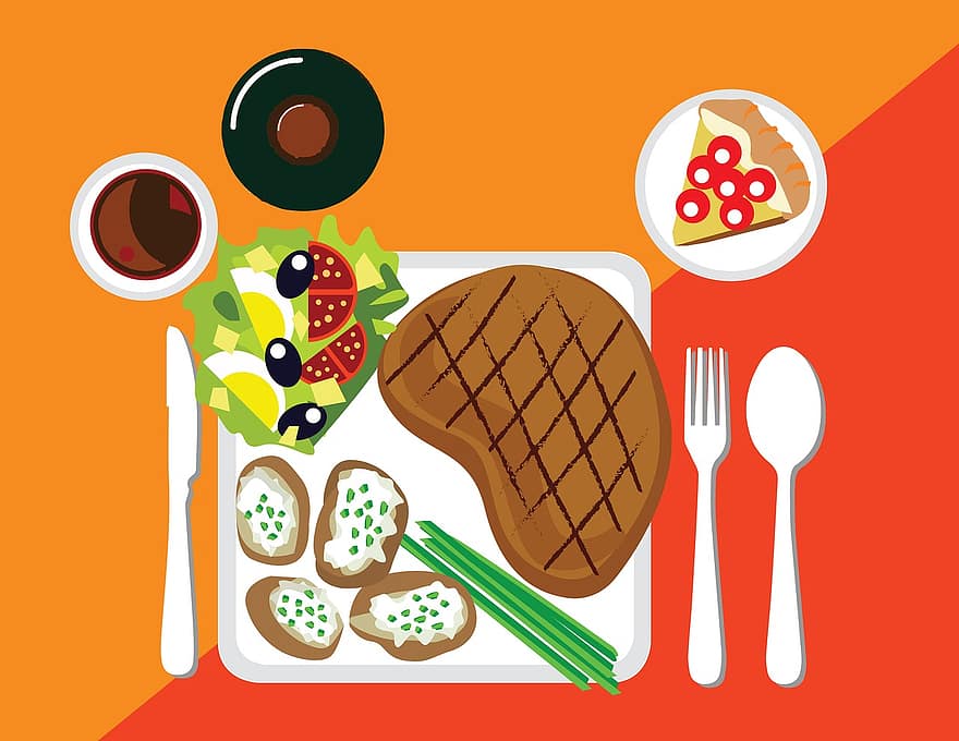 Steak, Potato, Salad, Dinner Plate, Dessert, Wine, Dinner, Plate, Delicious, Healthy, Tasty