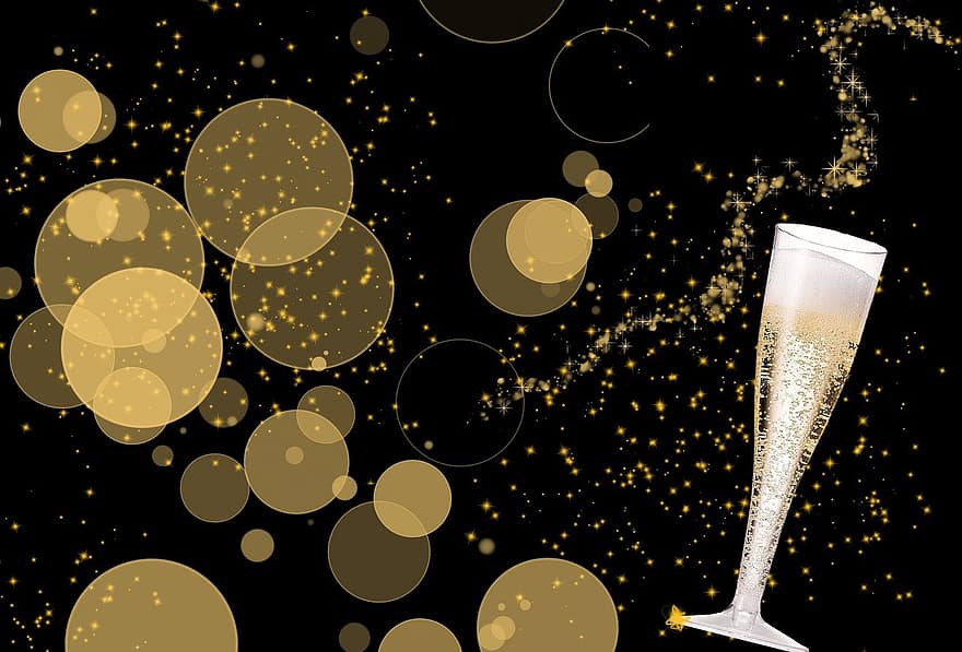 Champagne, glas, schitteren, sterren, nieuw jaars, viering