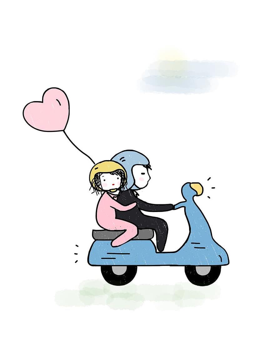 aşıklar, mobilet, balon, çift, mutlu sevgililer günü, Sevgililer, kalp, romantik, mutlu, motosiklet, binme