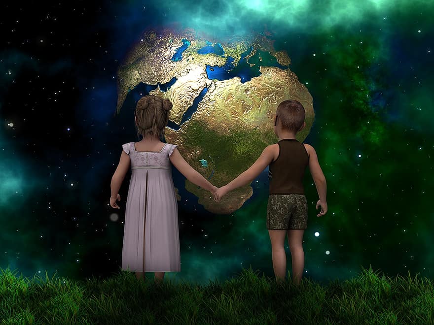 crianças, frente, universo, espaço, céu, terra, planeta, mundo, de mãos dadas, continentes, Europa