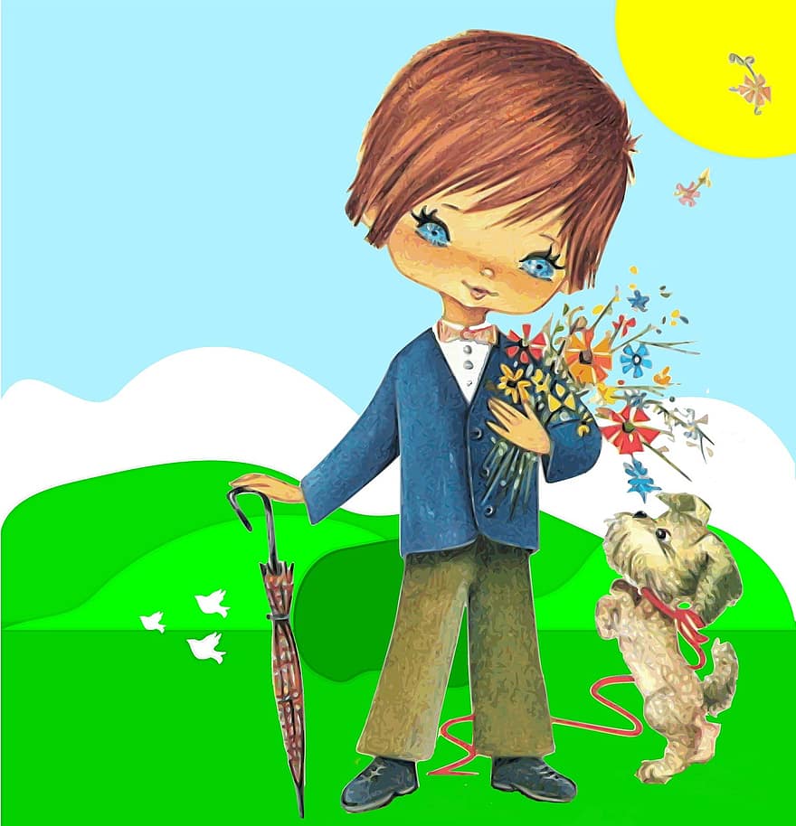 लड़का, प, परिदृश्य, पेड़, फूल, पुराना कार्ड, पर्वत, कुत्ता, विंटेज, रेट्रो, घास