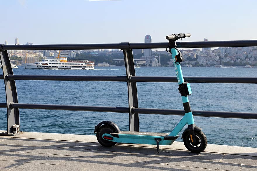 scooter, mer, côte, scooter électrique, balustrade, eau, océan, ville, Urbain