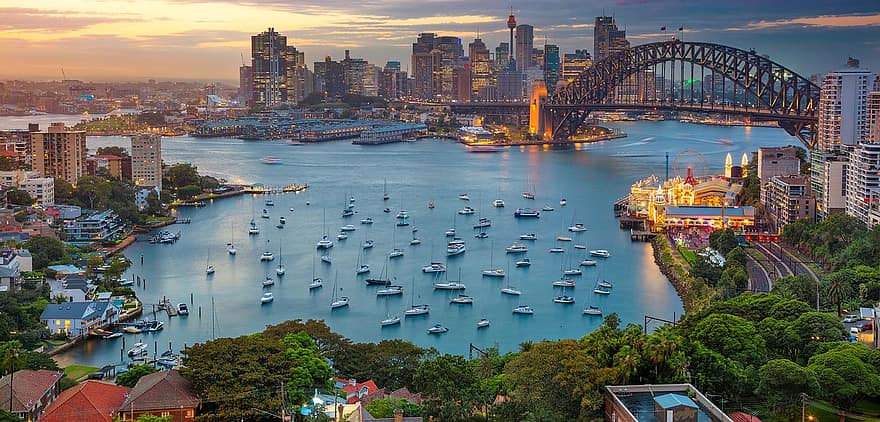 Sydney, mer, le coucher du soleil, navires