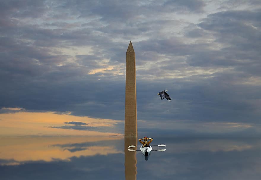 pomnik, kajak, woda, dziewczynka, orzeł, odbicie, Pomnik Jerzego Waszyngtona, wieża, wiosła, niebo, chmury