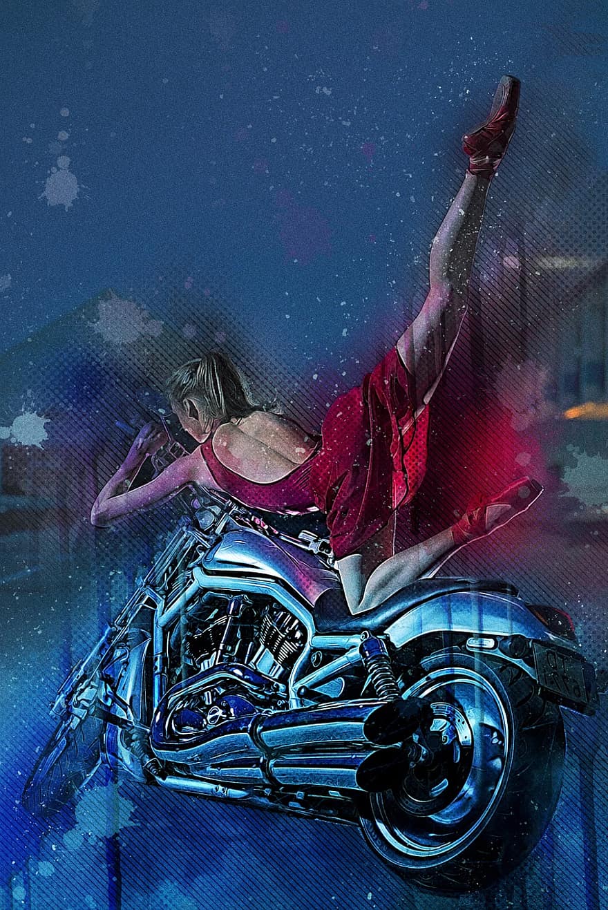 motociklu, motocikls, transportēšana, ātrumu, sieviete, balets, cilvēks, persona, digitālā manipulācija, foto māksla, zils cilvēks