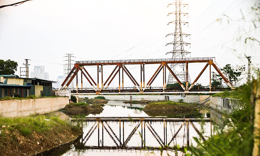 железнодорожный мост, железный мост, поезд, река, на открытом воздухе, отражение