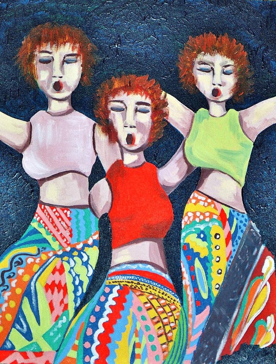 lukisan, cat akrilik, Wanita Bernyanyi, penuh warna, artistik