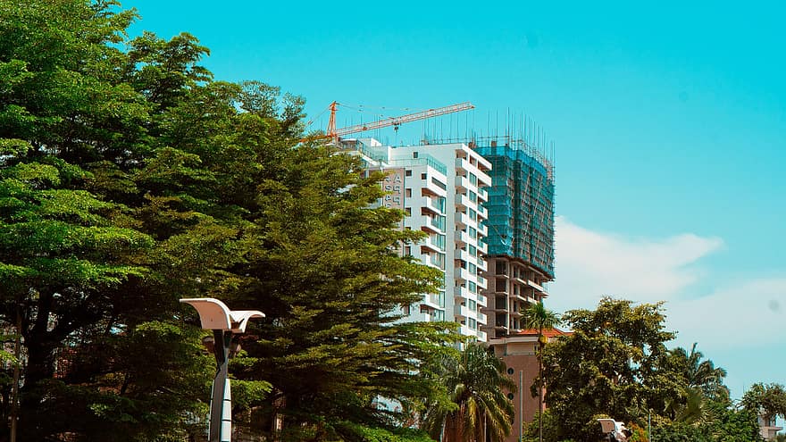 bygninger, trær, konstruksjon, gatelykt, by, boulevard, parkere, Urban, Boulevard Tshatshi, Kinshasa, arkitektur