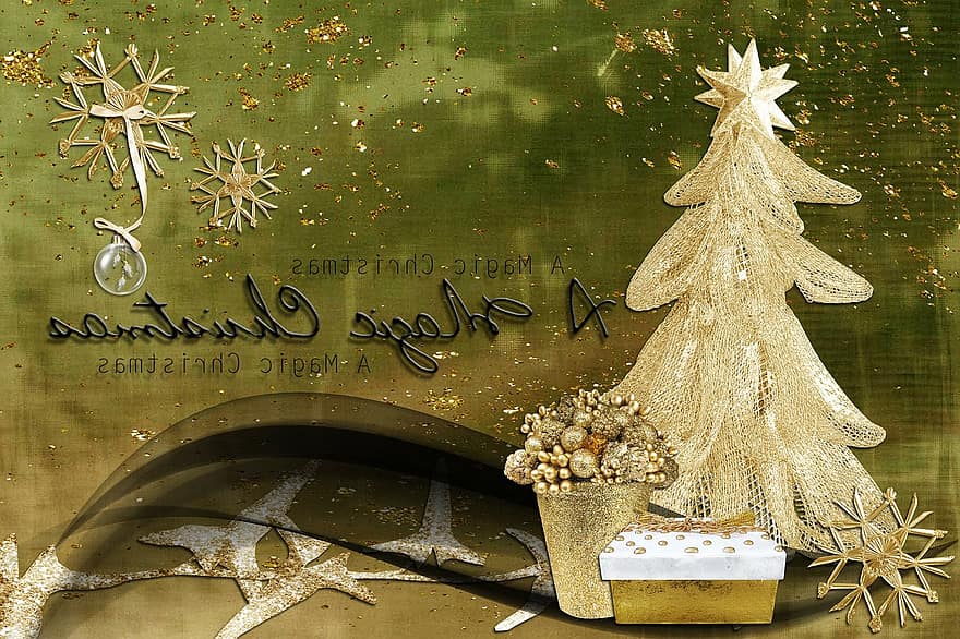 Karácsony, kártya, varázslat, Arany, alkotó, évszak, boldog Karácsonyt, fa, ajándék, csillagok, struktúra