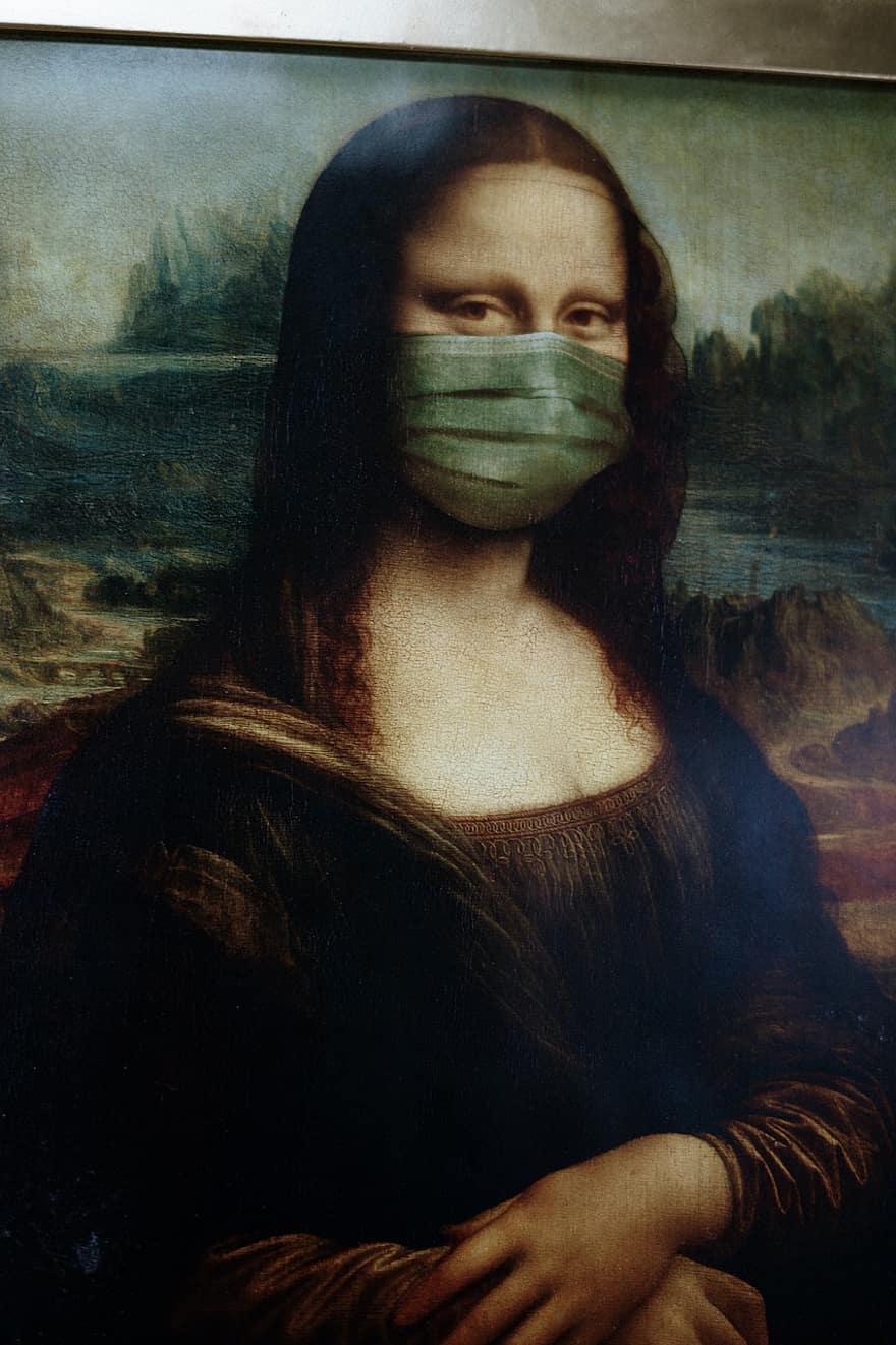 kvinna, Mona Lisa, mask, medicinsk, covid, covid-19, pandemi, virus, infektion, epidemi, skydd