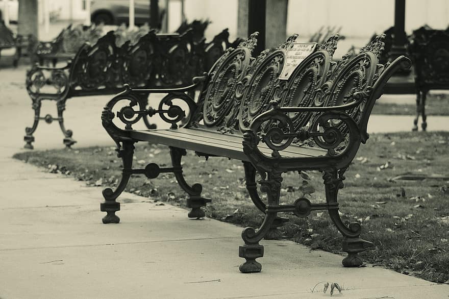 monokrom, parkere, benk, sete, svart og hvit, sitter, stol, dag, gress, gammel, gammeldags