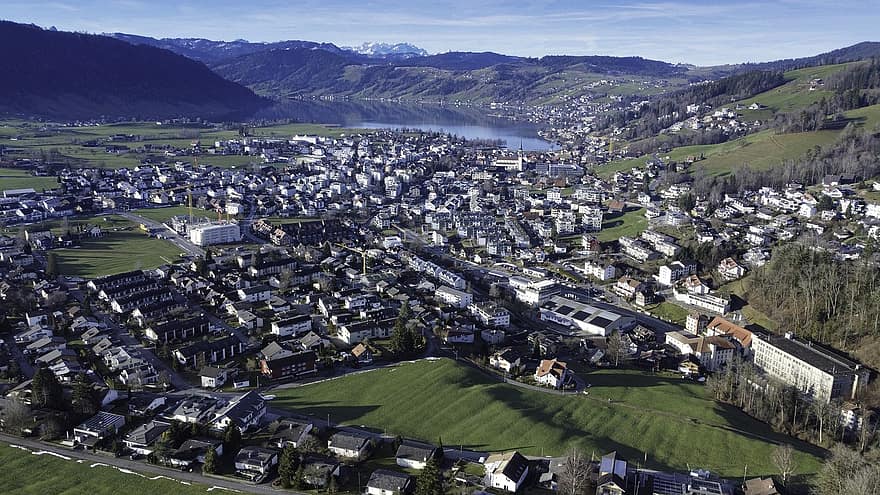 ciemats, Šveice, drone, ezers, kalns, pilsēta, gaisa skats, augsts leņķa skats, zāli, ainavu, arhitektūra