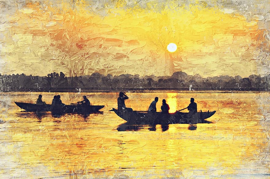 India, Varinasi, Ganges, Boats, River, People, Man, Water, Nature, Landscape, Sunset