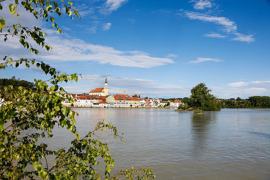 schärding, Zajazd, niebo, Natura, Miasto, fale, woda, rzeka, architektura, barokowe miasto, Austria