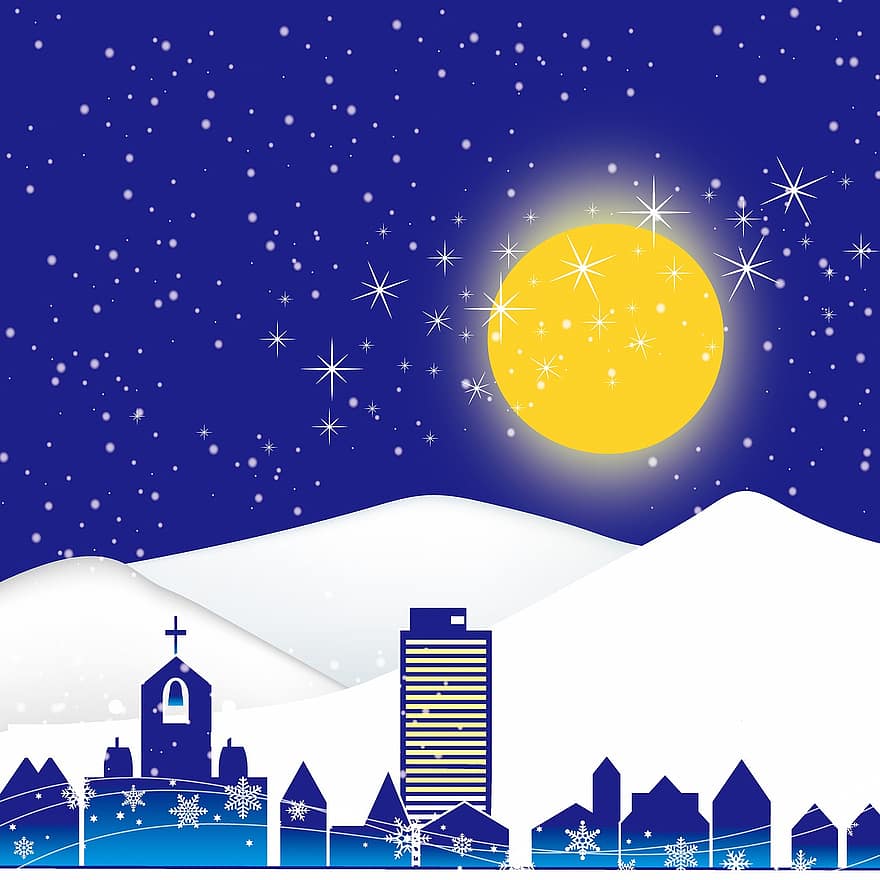 Noční Vánoční Pozadí, měsíc, sníh, město, vysoké budovy, Vánoce, hvězda, noc, atmosféra, nebe, scéna