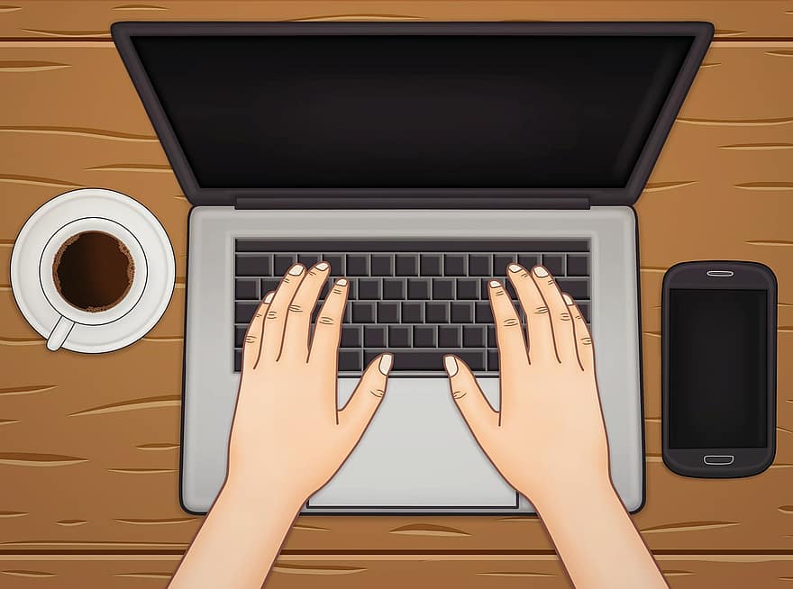 přenosný, ruce, káva, chytrý telefon, počítač, stůl, dřevo, výkres, studovat, psaní, klávesnice