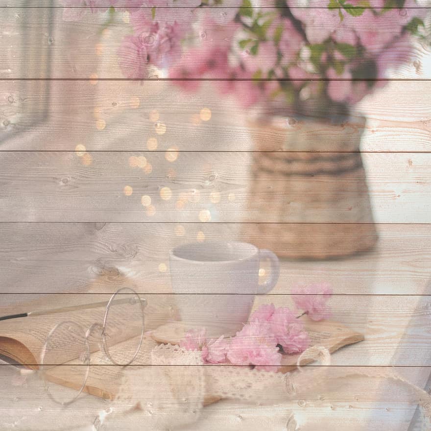 Papel Digital de Madeira, floral, bokeh, flores de cerejeira sakura, modelo, vintage, retrô, convite, papel, quadro, Armação, madeira