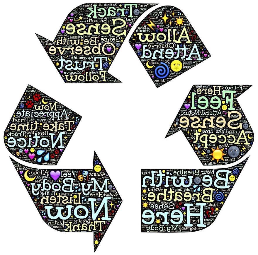 recycleren, praktijk, circuleren, symbool, aanwezig, aanwezigheid, wezen, zin, merk op, ademen, voelen