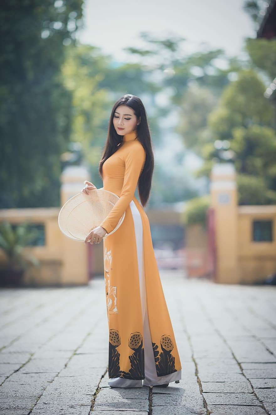 아오 다이, 유행, 여자, 베트남 사람, 오렌지 아오자이, 베트남 국가 복장, 원뿔 모자, 전통적인, 아름다움, 아름다운, 예쁜