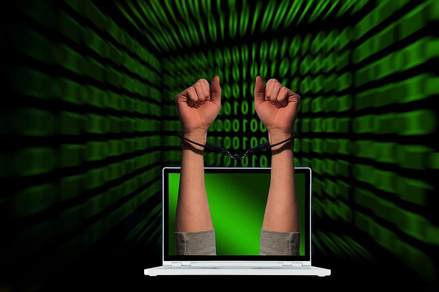 przestępstwo, kajdany, laptop, kod binarny, dwójkowy, zero, jeden, Jeden, cyberprzestępczość, przestępstwo komputerowe, przestępczość internetowa