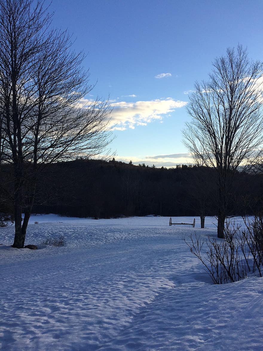 la neve, inverno, Vermont, montagne, natura, paesaggio, cielo, tramonto, albero, blu, stagione