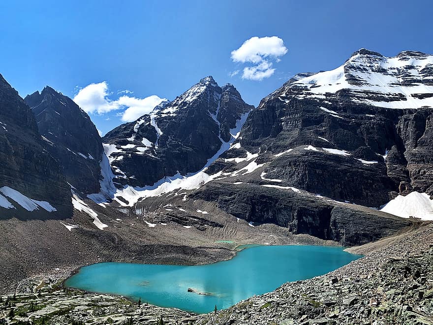 muntanyes, llac o'hara, Canadà, naturalesa, paisatge, muntanya, neu, gel, aigua, cim de muntanya, blau