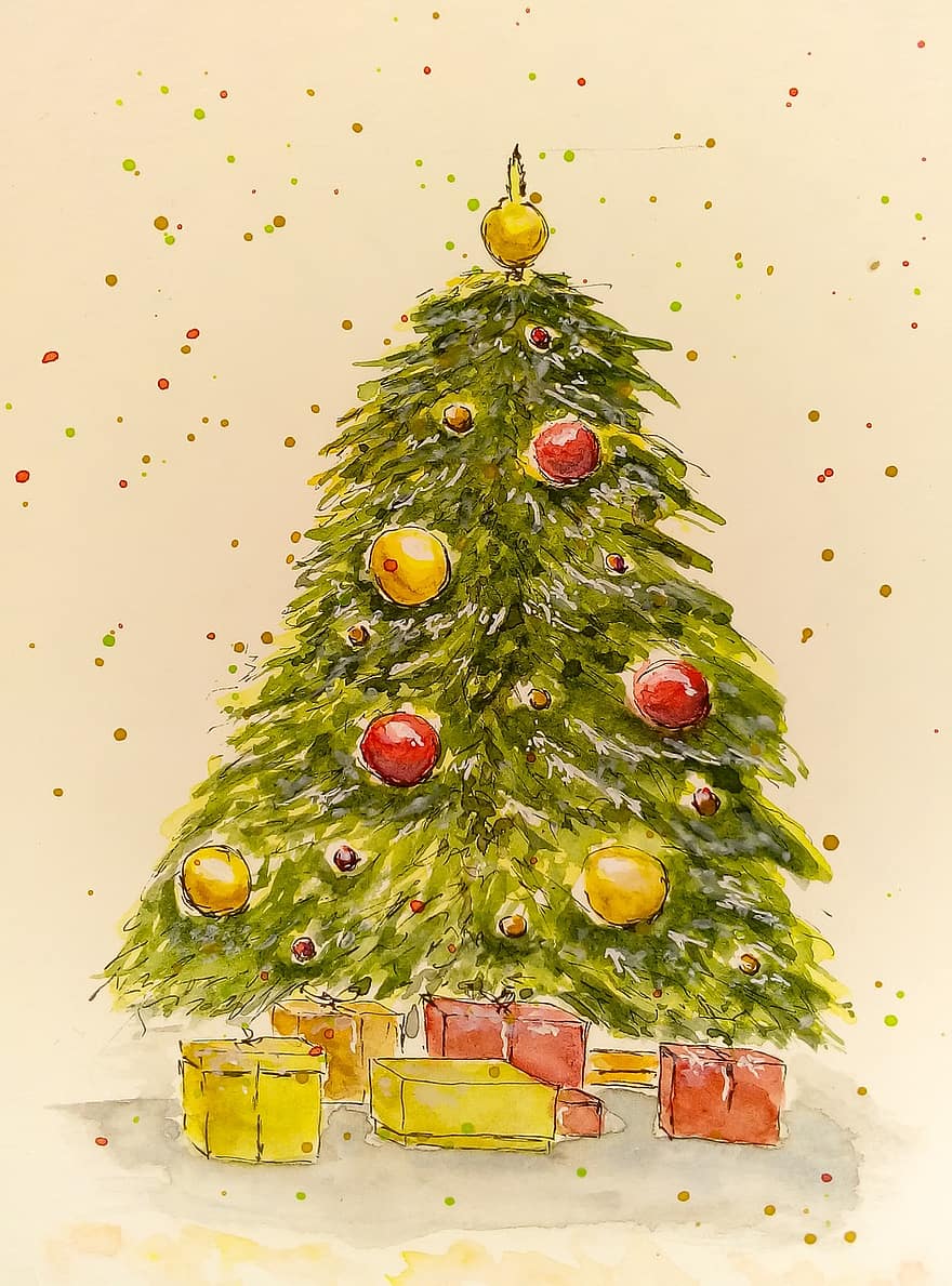 χριστουγεννιάτικο δέντρο, στολίδια, δώρα, παρουσιάζει, καρτ ποστάλ, Παραμονή Πρωτοχρονιάς, ακουαρέλα, χειμώνας, νέος χρόνος