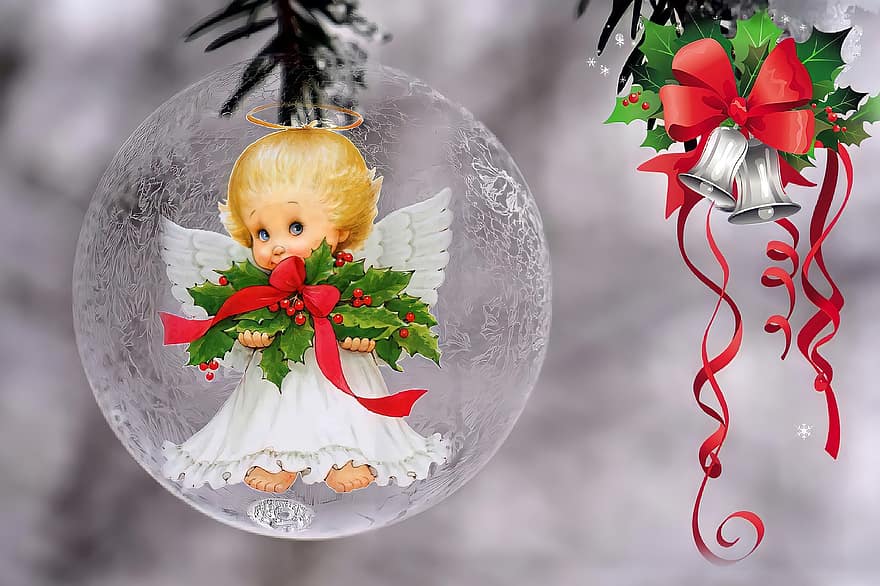 bańka mrozu, ozdobiony, Boże Narodzenie, dzwoneczek, świąteczny anioł, anioł, dekoracja, uroczystość, zimowy, pora roku, prezent