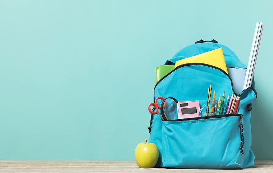 okul malzemeleri, Kırtasiye, sırt çantası, kopya alanı, yazım araçları, Okul Kırtasiye, okul çantası, elma