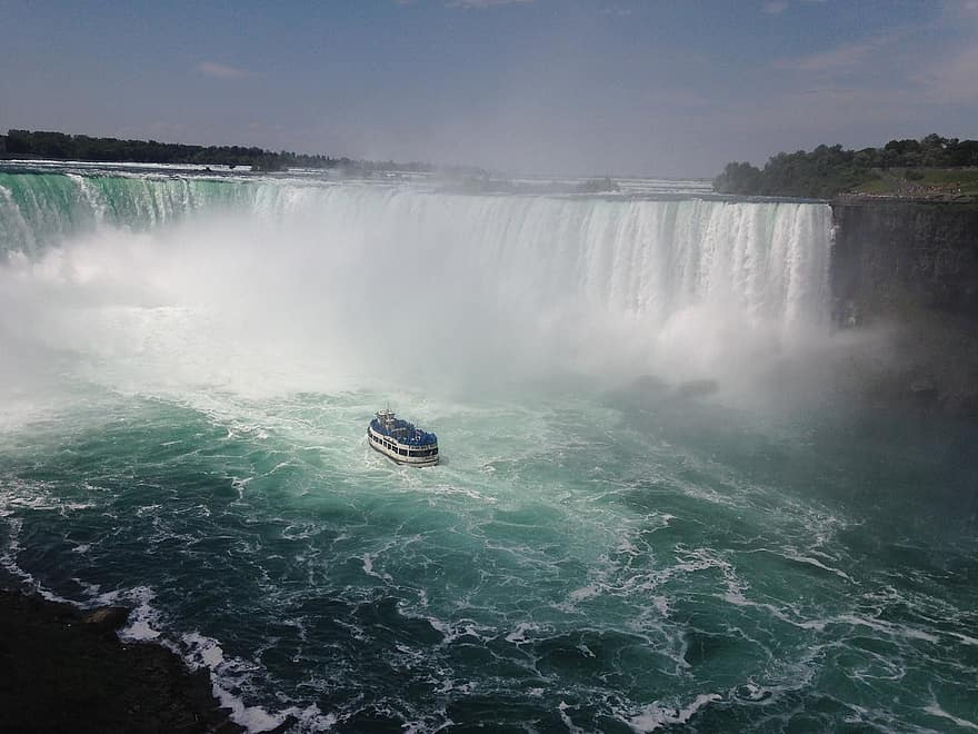 wodospad Niagara, wodospady, kaskady, rzeka niagara, rzeka, woda, watercape, strumień, łódź, statek, naczynie