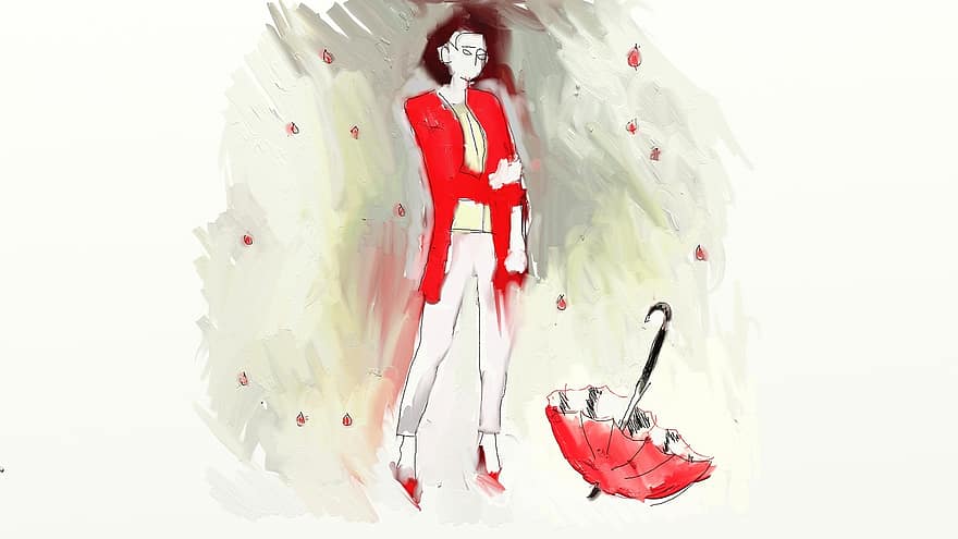 röd, kvinna, paraply, Artrage, regn, flicka, modell, röd klänning, högklackat, ritning, wacom