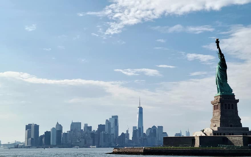 Frihedsgudinden, new york, Manhattan, nyc, USA, by, Amerika, turistattraktion, statue, bygning, frihedsøen