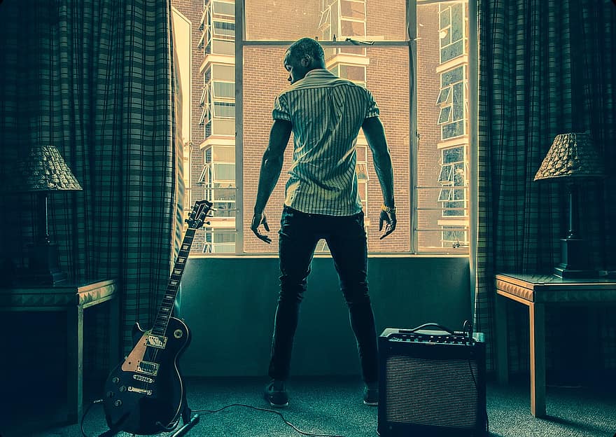 Man, Guitar, Guitar Amplifier, Back View, Fit, Stylish, Male, Guy, Lifestyle, Music, Electric Guitar