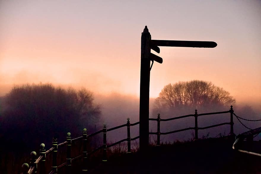 Signpost, Direction, Mist, Sunset, Fog, Outdoors, dusk, landscape, silhouette, fence, rural scene