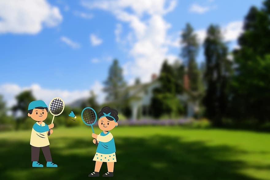 детство, игра, бадминтон, спорт, дети, веселье, парк, сад, большой теннис, ребенок, играть