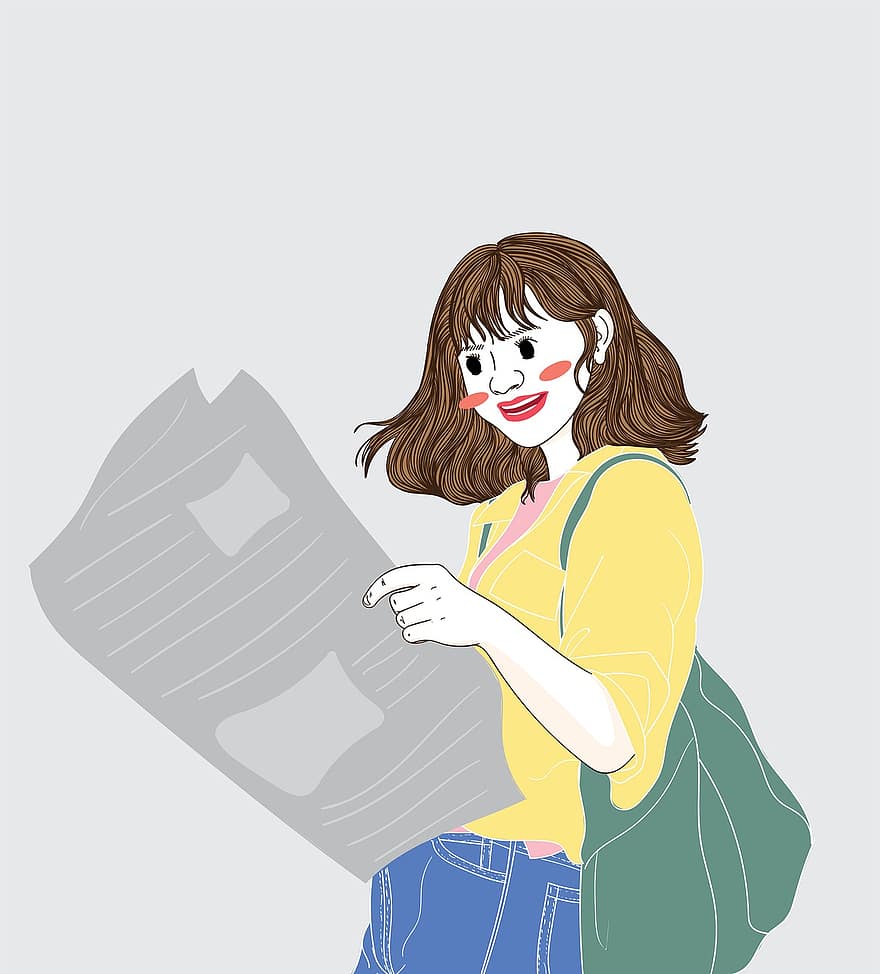 Girl, Reading, Newspaper, Woman, Hobby, Young, Student, Knowledge, Smart, Smile, Cheerful
