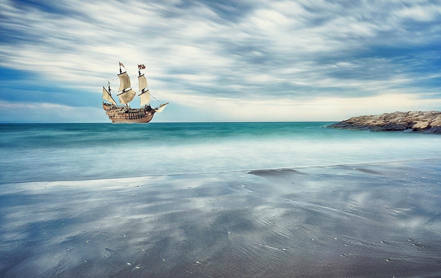 帆船、海岸、海、船、海上、ビーチ、砂浜、海賊船、船乗り、探検家、石の海岸