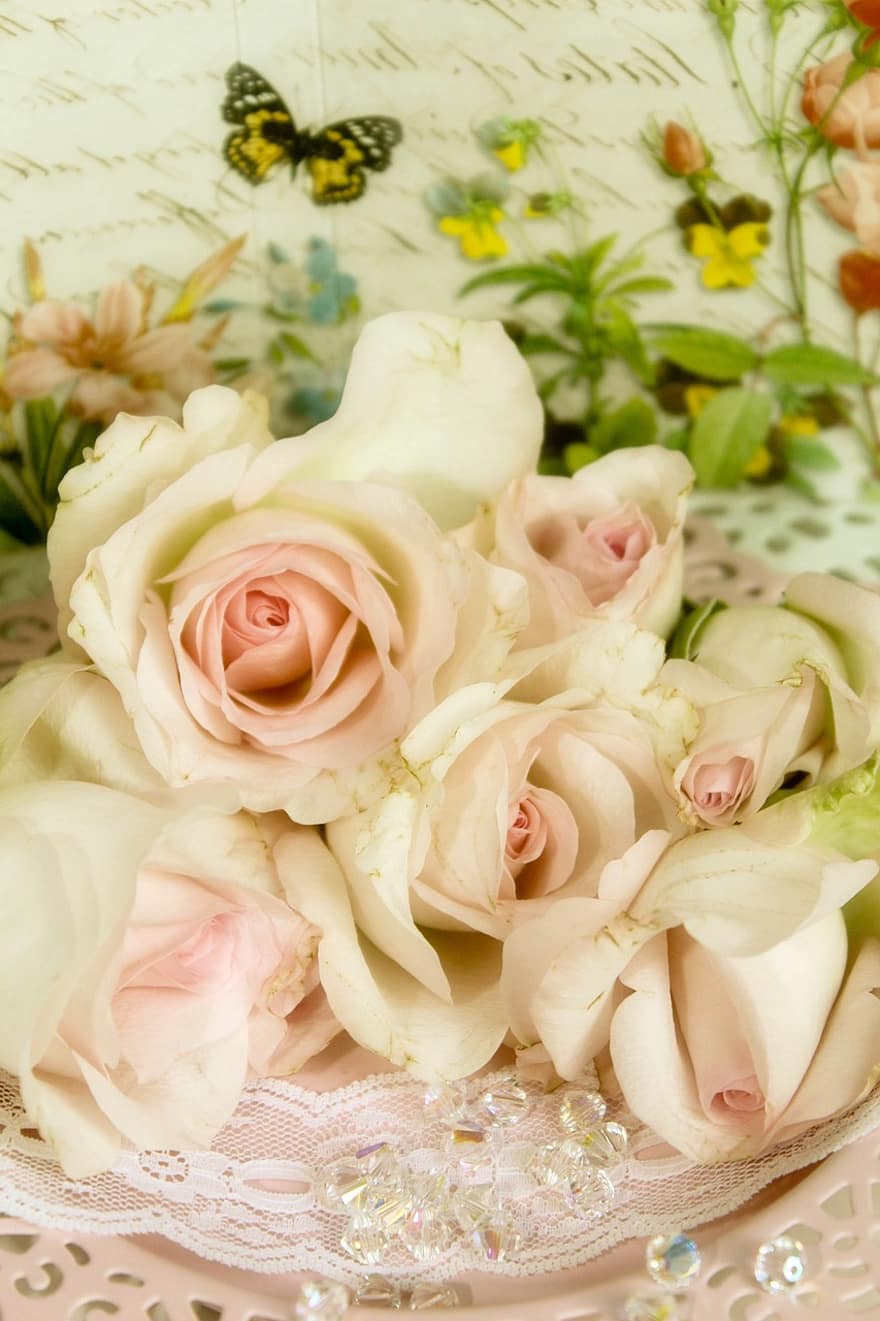 roses, papallona, vintage, shabby chic, romàntic, nostàlgic, juganer, flor de roses, rosa rosa
