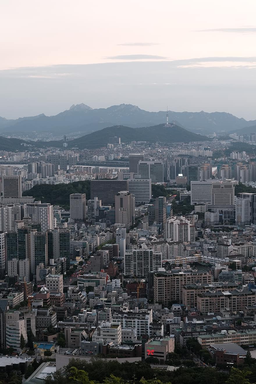 Stadt, Sonnenuntergang, Seoul, Gebäude, Horizont, Abend, Dämmerung, Stadtbild, Wolkenkratzer, städtische Skyline, die Architektur
