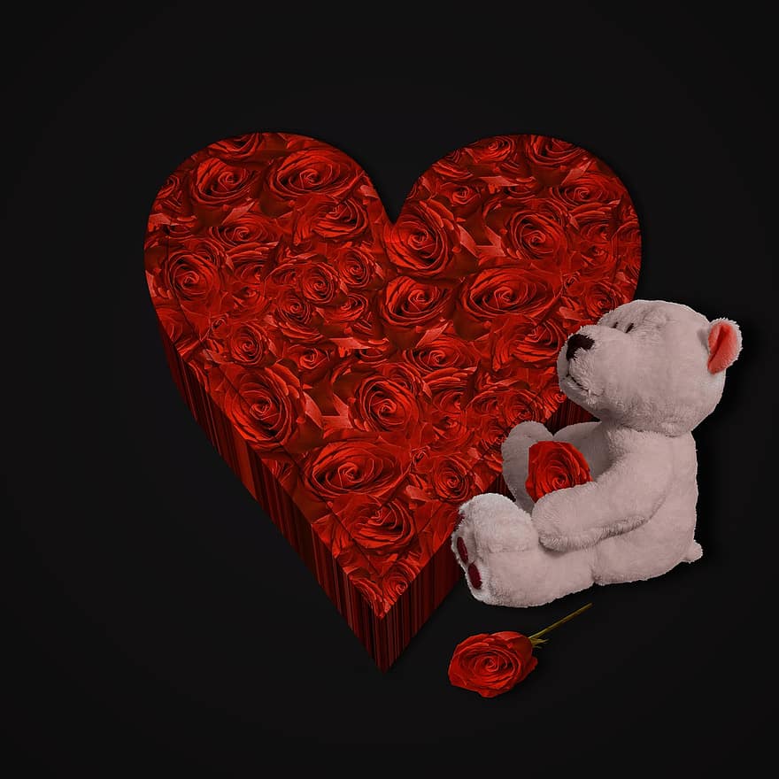 сердце, любить, привязанность, украшение, цветы, Красная роза, проводить, плюшевый медведь
