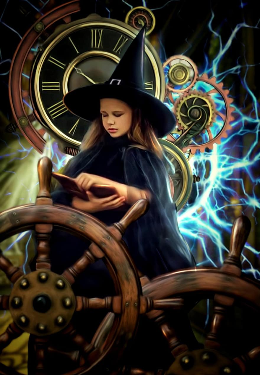 fantasia, bruxa, menina, jovem, criança, traje, roda, relâmpago, relógio, dia das Bruxas, Cahaya
