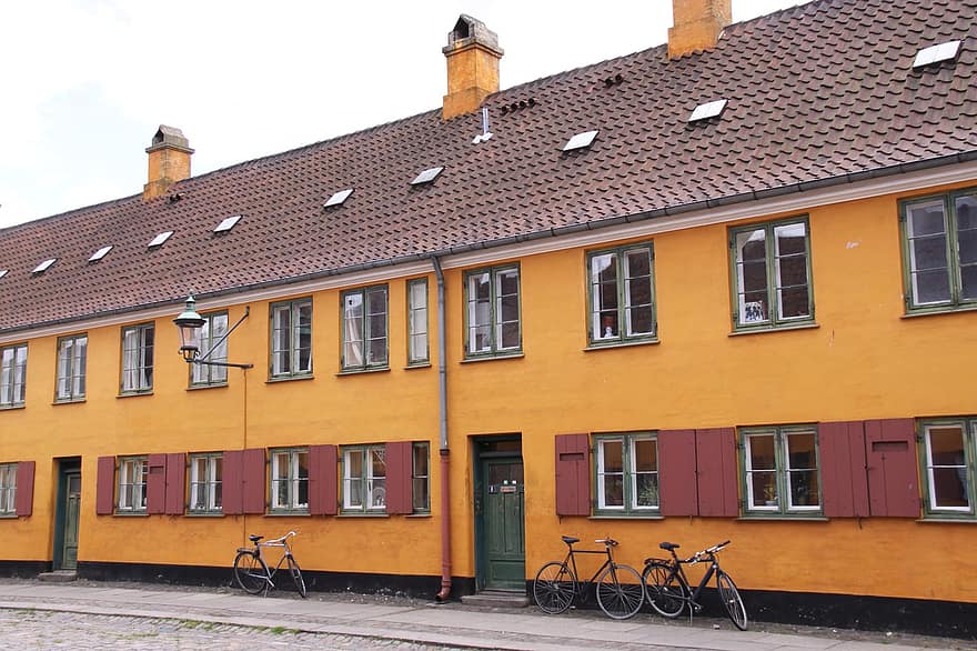 Nyboder, wijk, stad-, dorp, gebouw, Kopenhagen, ramen, huis, eigendom, fietsen, facade