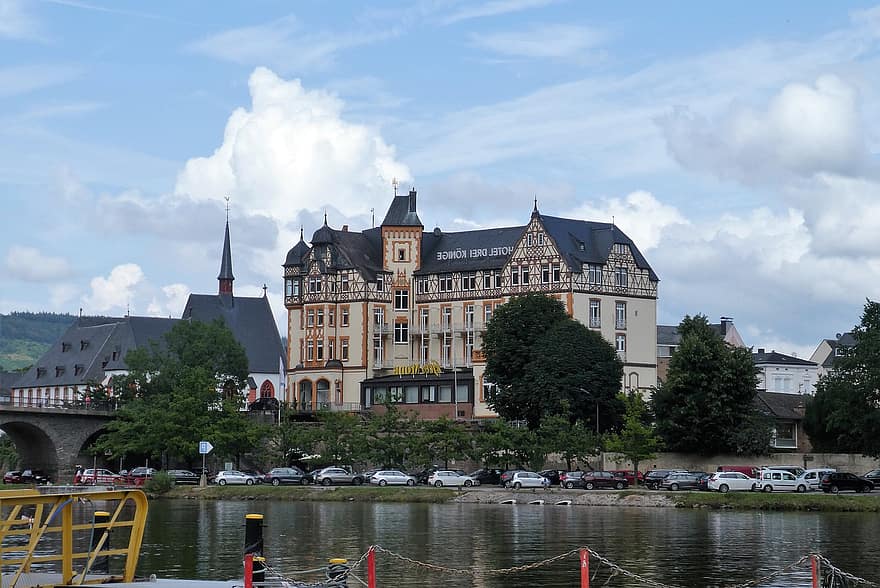 épület, szálloda, Moselle, építészet, történelem, történelmi, Bern-kastel, híres hely, víz, nyári, épített szerkezet